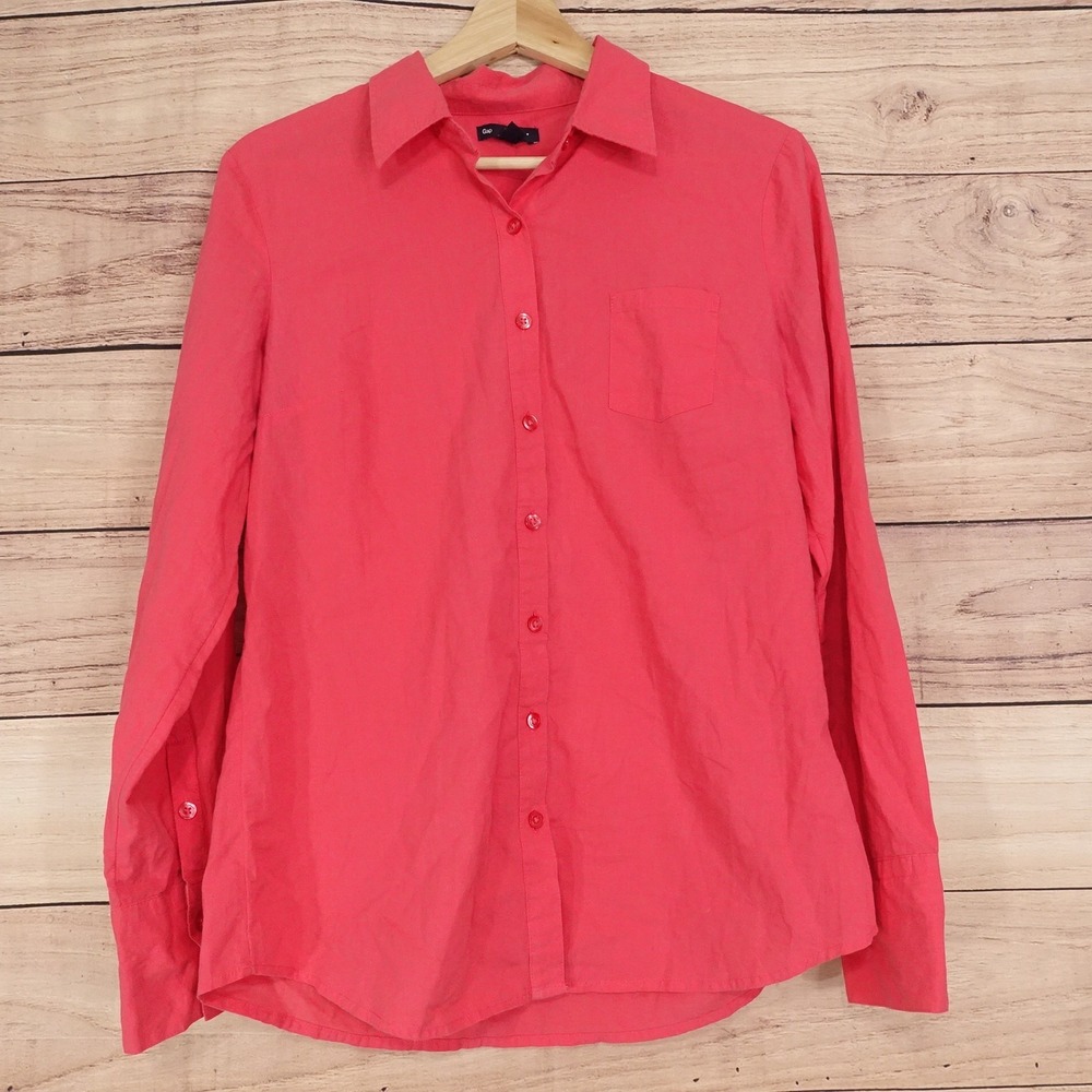 Gap Button-Up Womens M Pink Solid Collared Long Sleeve Cotton Shirt Top